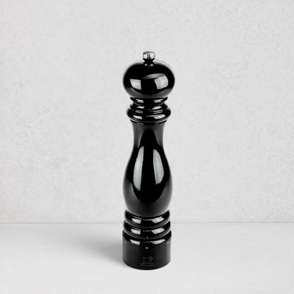 Peugeot Paris Black Lacquer 9" Salt Mill, glossy sustainable beechwood, elegant silhouette.
