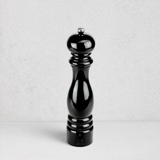 Peugeot Paris Black Lacquer 9" Salt Mill, glossy sustainable beechwood, elegant silhouette.
