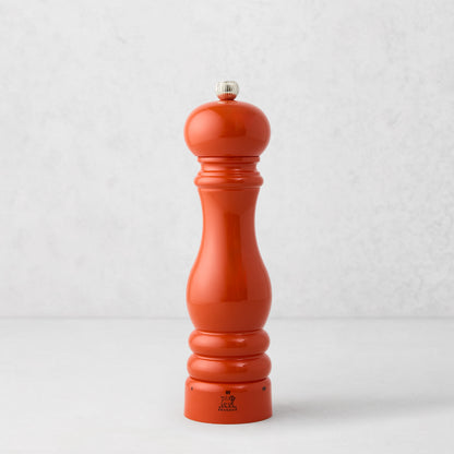 Peugeot Paris Exclusive 9" salt mill in HG International Orange sustainable beechwood with silver top.