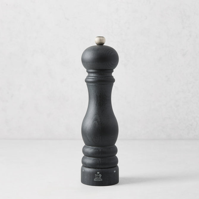 9-inch Peugeot Paris pepper mill in matte black wood with a stainless steel adjustment knob.