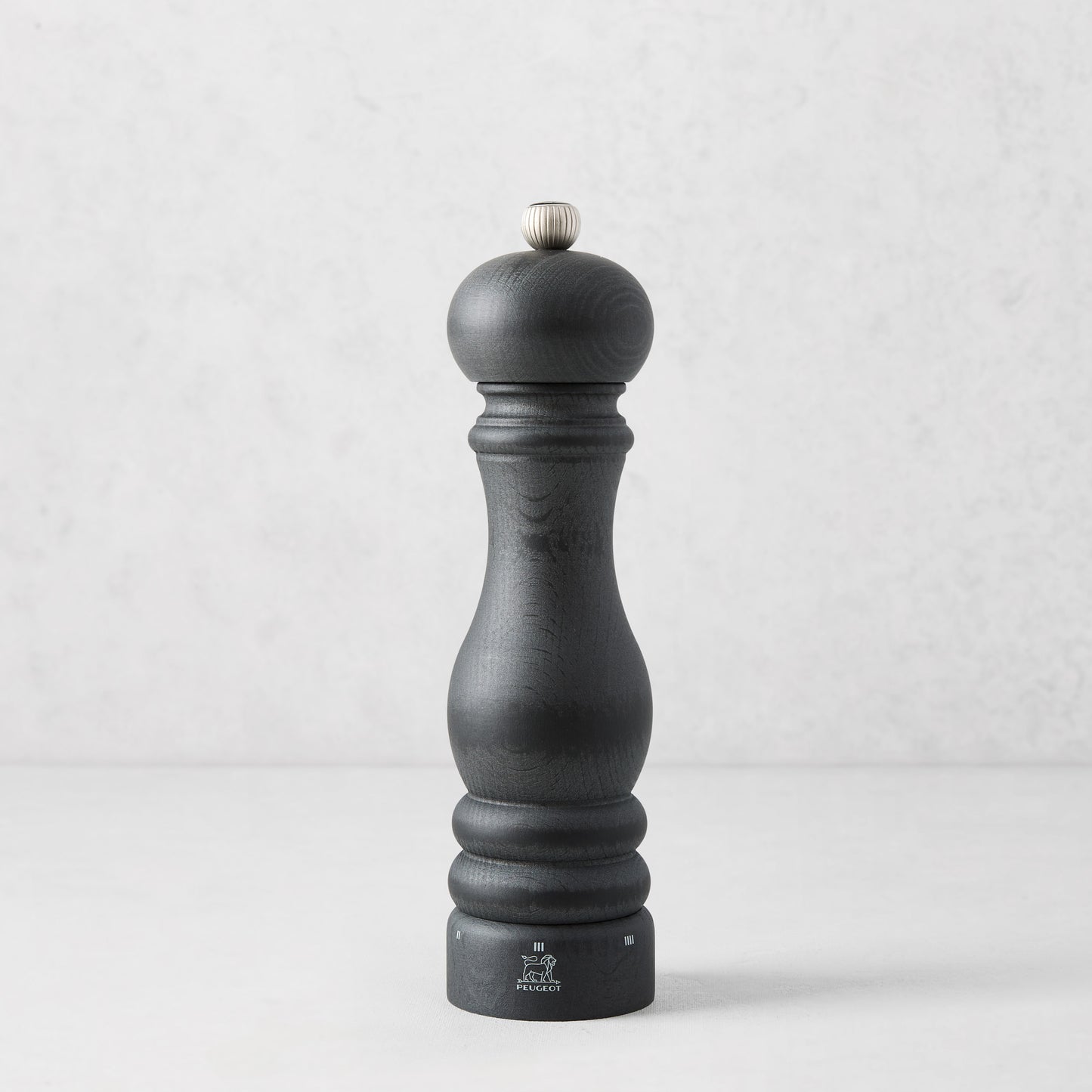 Peugeot Paris Matte Black 9" Salt Mill, made of wood with a silver knob.