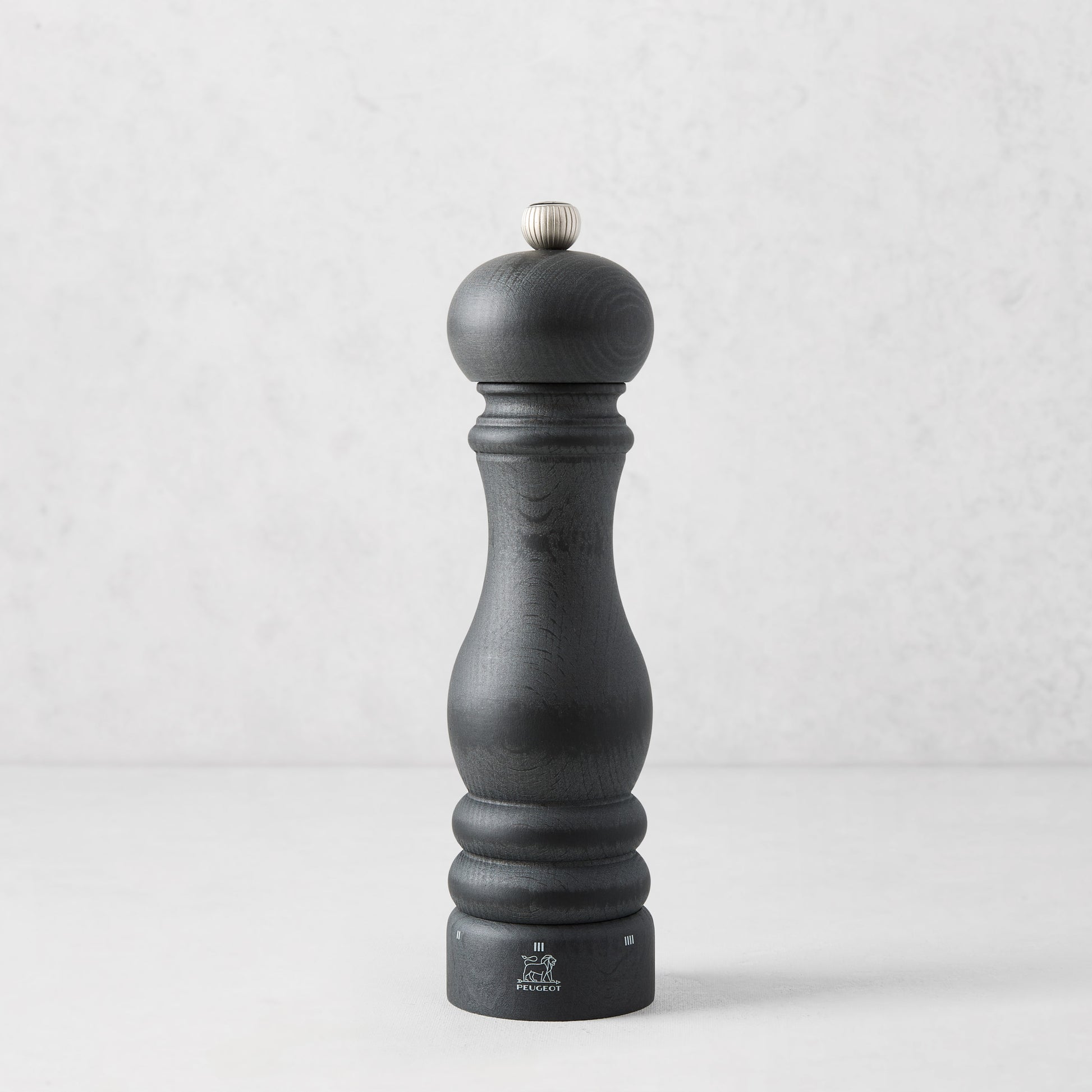 Peugeot Paris Matte Black 9" Salt Mill, made of wood with a silver knob.