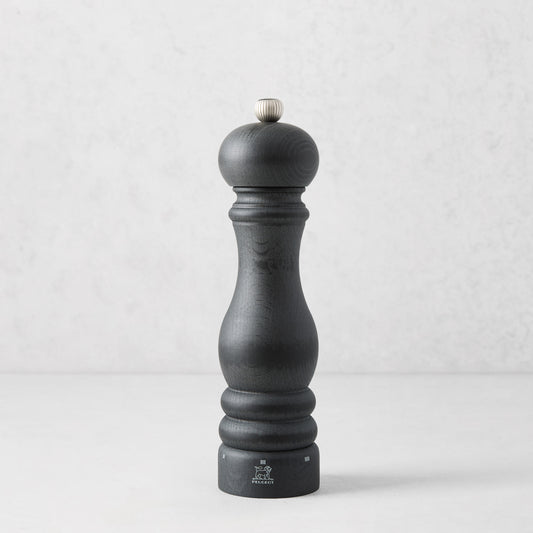 Peugeot Paris Matte Black 9" Salt Mill, made of wood with a silver knob.