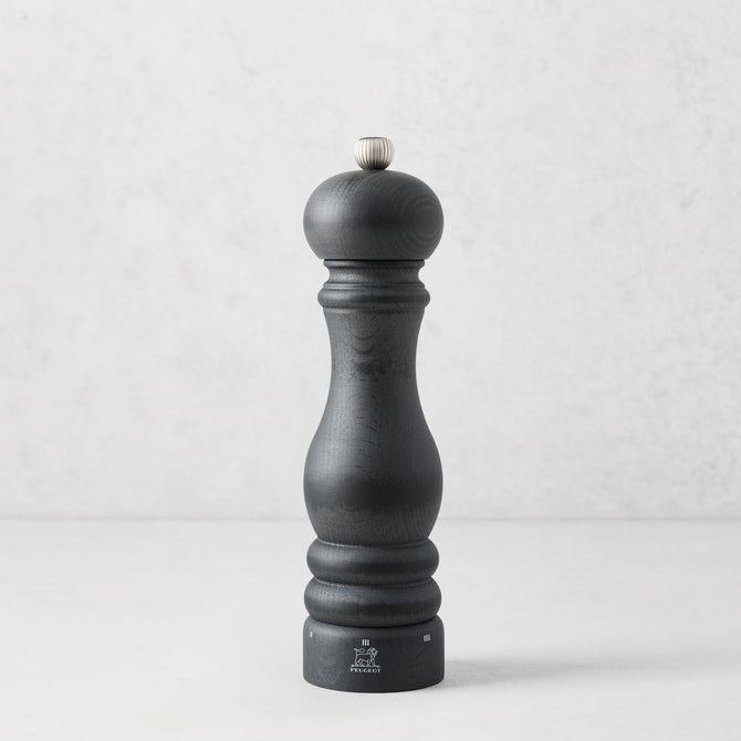 Peugeot Paris Matte Black 9" Salt Mill, made of wood with a silver knob.