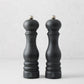 Peugeot Paris Matte Black 9" wood salt and pepper mills set with silver top knobs.