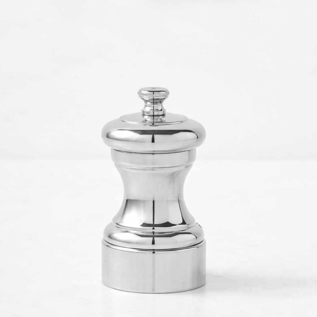 Peugeot Paris Silverplate 4" Pepper Mill, polished silver-plated metal, classic design.