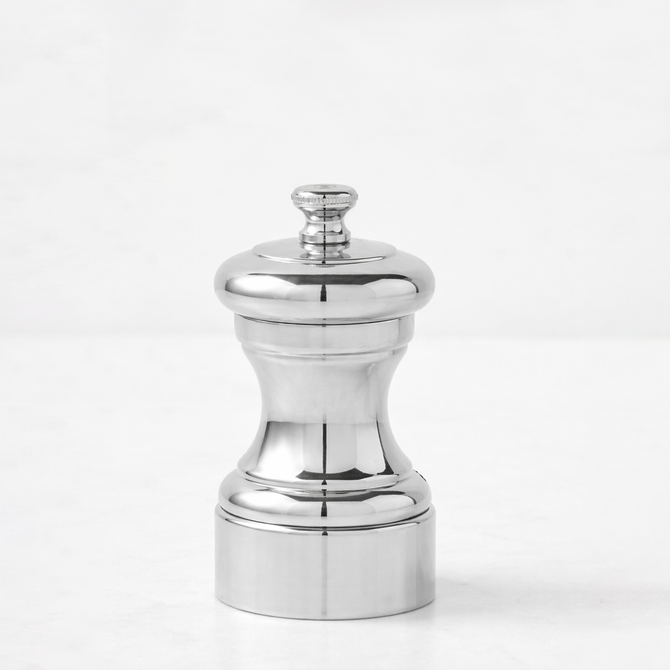 Peugeot Paris Silverplate 4" Pepper Mill, polished silver-plated metal, classic design.