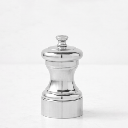 Peugeot Paris Silverplate 4" Salt Mill, Mignonette Z model replica, shiny silver-plated metal.