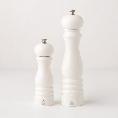 Peugeot Paris white lacquer 9" salt and 12" pepper mills set, made of sustainable beechwood.