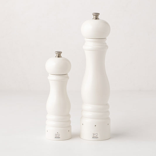 Peugeot Paris white lacquer 9" salt and 12" pepper mills set, made of sustainable beechwood.