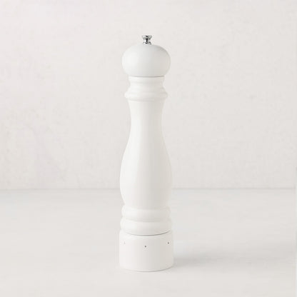 Peugeot Paris White Lacquer 9" Salt Mill, glossy white beechwood with a silver top knob.