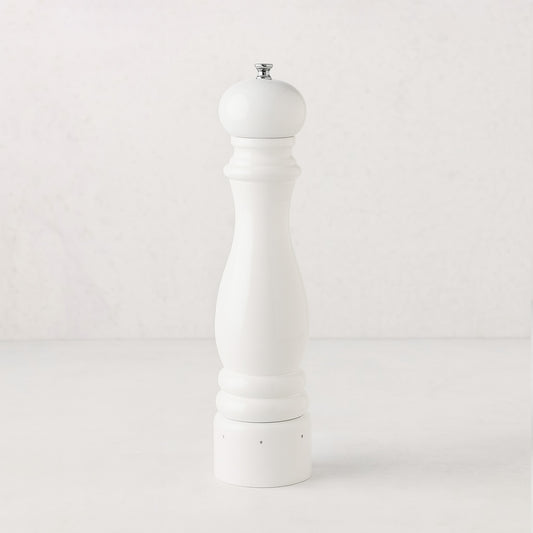 Peugeot Paris White Lacquer 9" Salt Mill, glossy white beechwood with a silver top knob.
