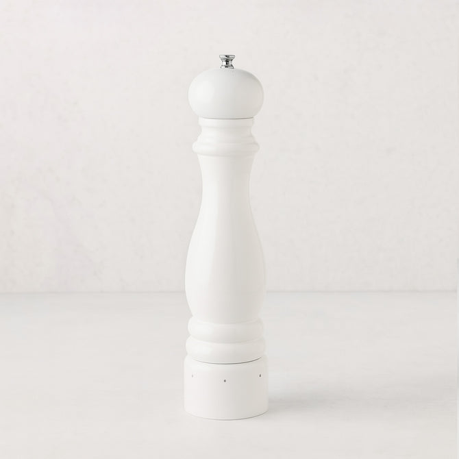 Peugeot Paris White Lacquer 9" Salt Mill, glossy white beechwood with a silver top knob.