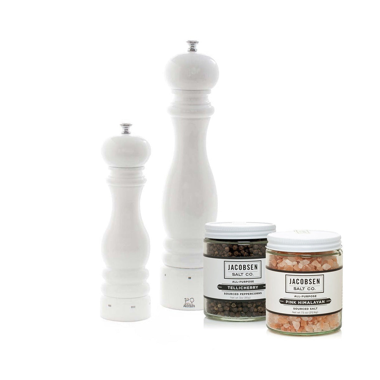 Peugeot Paris white lacquer wood salt and pepper mills with Jacobsen Tellicherry peppercorns and pink Himalayan salt.