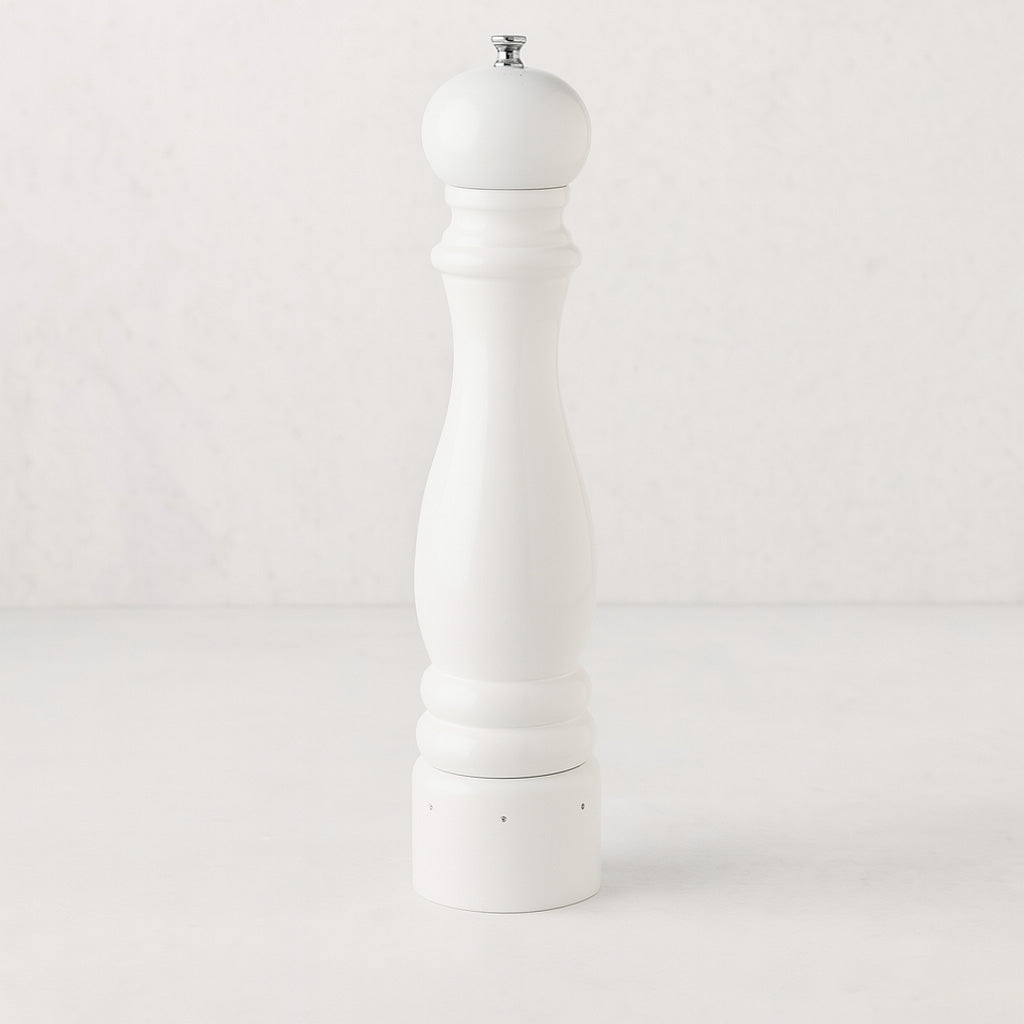 Peugeot Paris 12" white lacquer beechwood pepper mill with a polished metal knob.