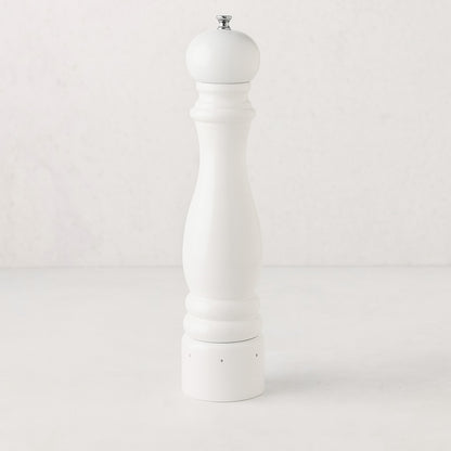 Peugeot Paris 12" white lacquer beechwood pepper mill with a polished metal knob.