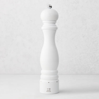 12-inch Peugeot Paris pepper mill in glossy white lacquer finish with a classic beechwood silhouette.