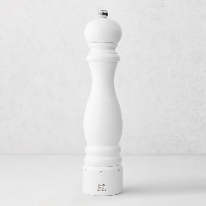 12-inch Peugeot Paris pepper mill in glossy white lacquer finish with a classic beechwood silhouette.