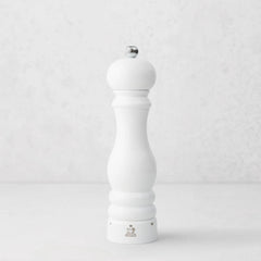 9-inch Peugeot Paris salt mill in glossy white lacquer with a stainless steel knob and beechwood body.
