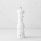 9-inch Peugeot Paris salt mill in glossy white lacquer with a stainless steel knob and beechwood body.