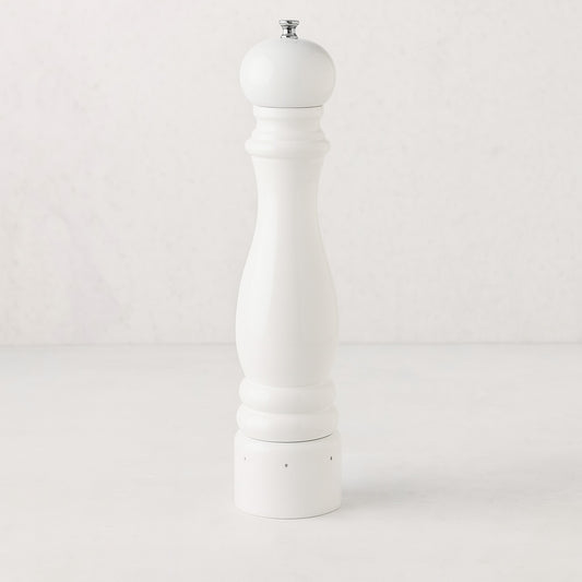 Peugeot Paris 12" white lacquer beechwood pepper mill with a polished metal knob.