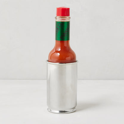 Silver pewter Tabasco holder, 3.5"H x 2", displaying a 5oz Tabasco bottle with red cap and green label.