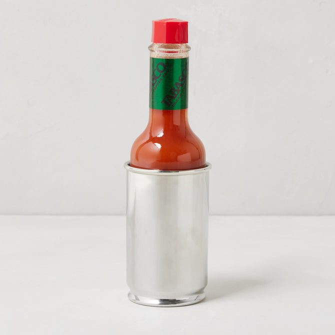 Silver pewter Tabasco holder, 3.5"H x 2", displaying a 5oz Tabasco bottle with red cap and green label.