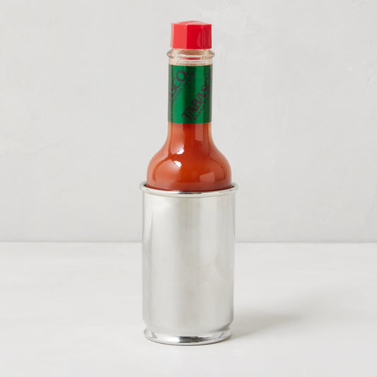 Silver pewter Tabasco holder, 3.5"H x 2", displaying a 5oz Tabasco bottle with red cap and green label.
