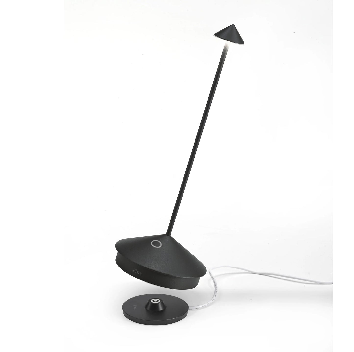 Pina Pro Black Indoor/Outdoor Rechargeable LED Lamp with die-cast aluminum base and polycarbonate shade.