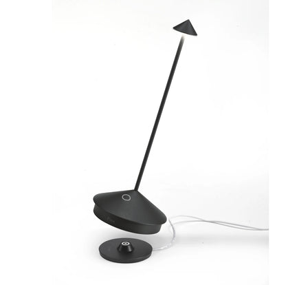 Pina Pro Black Indoor/Outdoor Rechargeable LED Lamp with die-cast aluminum base and polycarbonate shade.