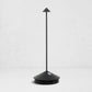 Pina Pro Black rechargeable LED lamp with a broad base, thin rod, and conical shade.
