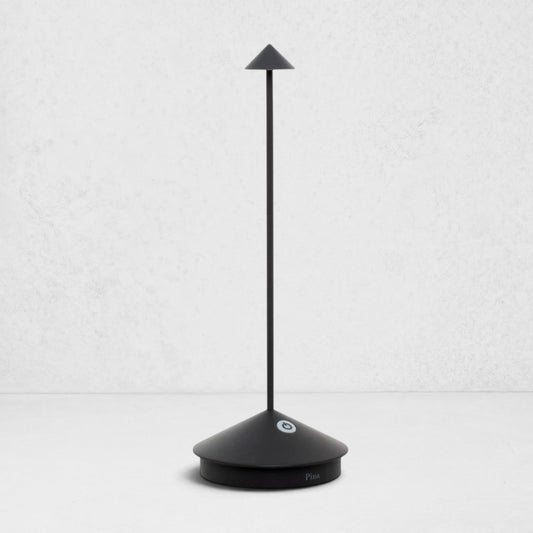 Pina Pro Black rechargeable LED lamp with a broad base, thin rod, and conical shade.