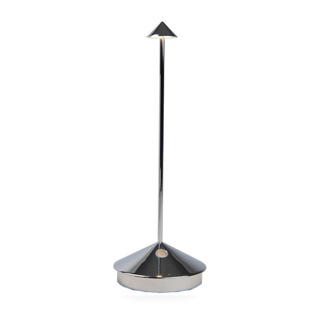 Pina Pro glossy chrome rechargeable LED lamp with broad base and thin rod, integrated LED.