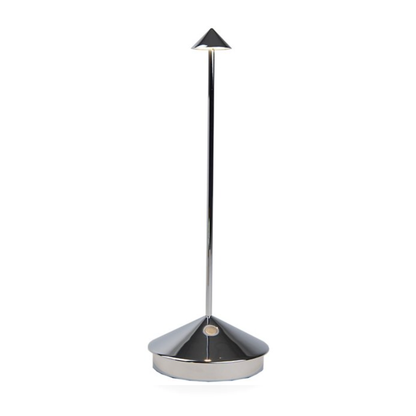 Pina Pro glossy chrome rechargeable LED lamp with broad base and thin rod, integrated LED.
