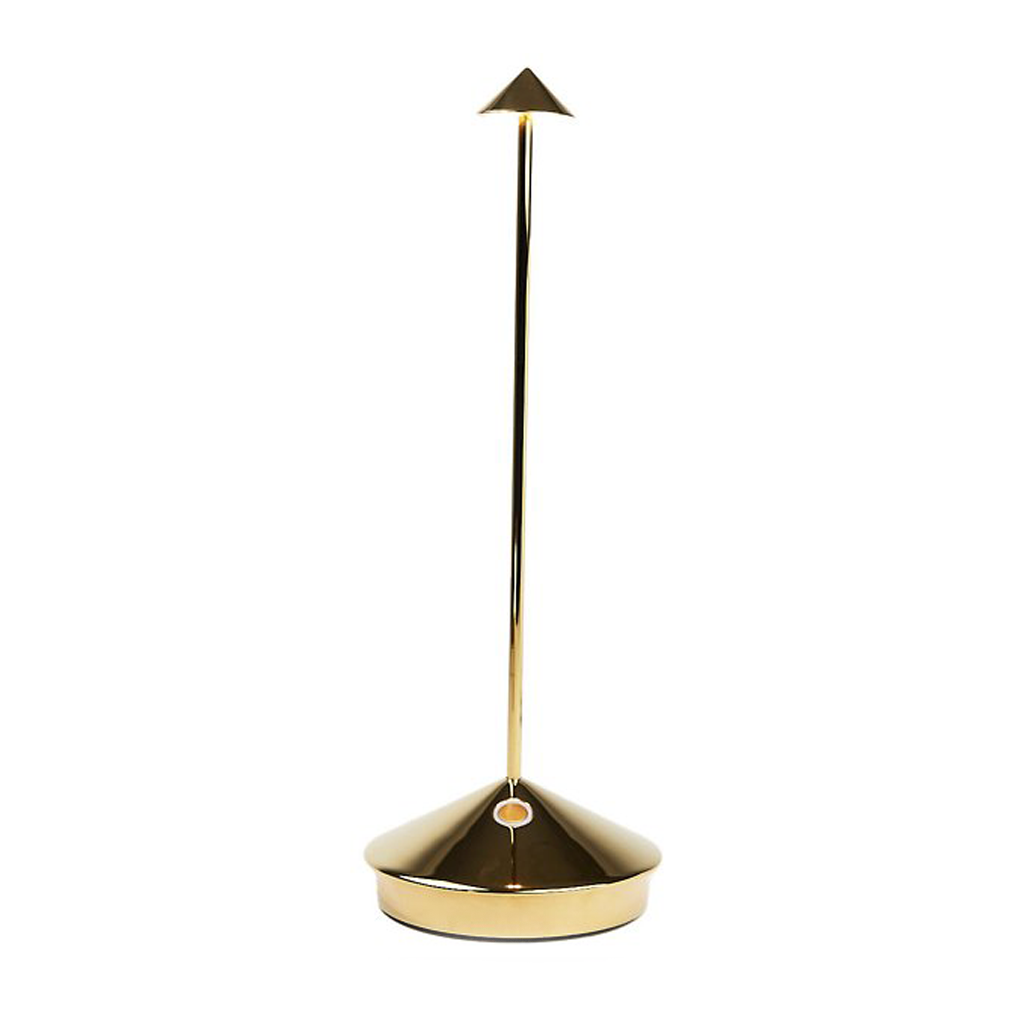 Pina Pro Glossy Gold rechargeable LED lamp with broad base, thin rod, and small triangular shade.