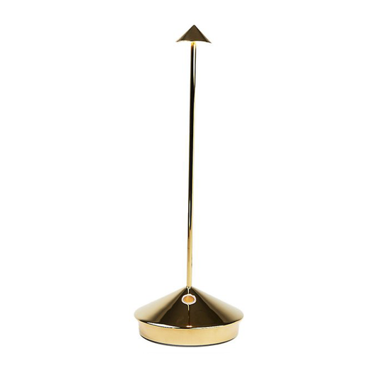 Pina Pro Glossy Gold rechargeable LED lamp with broad base, thin rod, and small triangular shade.