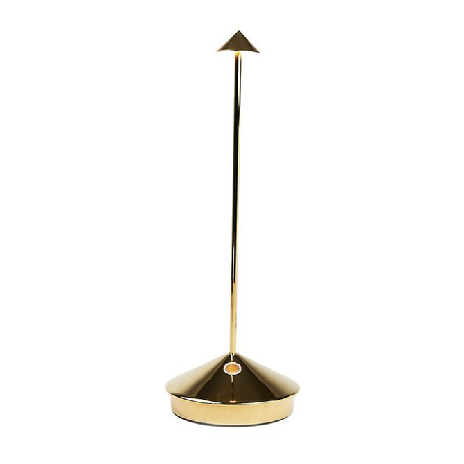 Pina Pro Glossy Gold rechargeable LED lamp with broad base, thin rod, and small triangular shade.