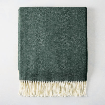 Pine Green Italian Herringbone Throw Blanket, 51"x67", with cream fringe.