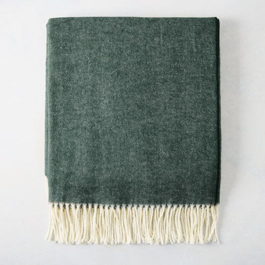 Pine Green Italian Herringbone Throw Blanket, 51"x67", with cream fringe.