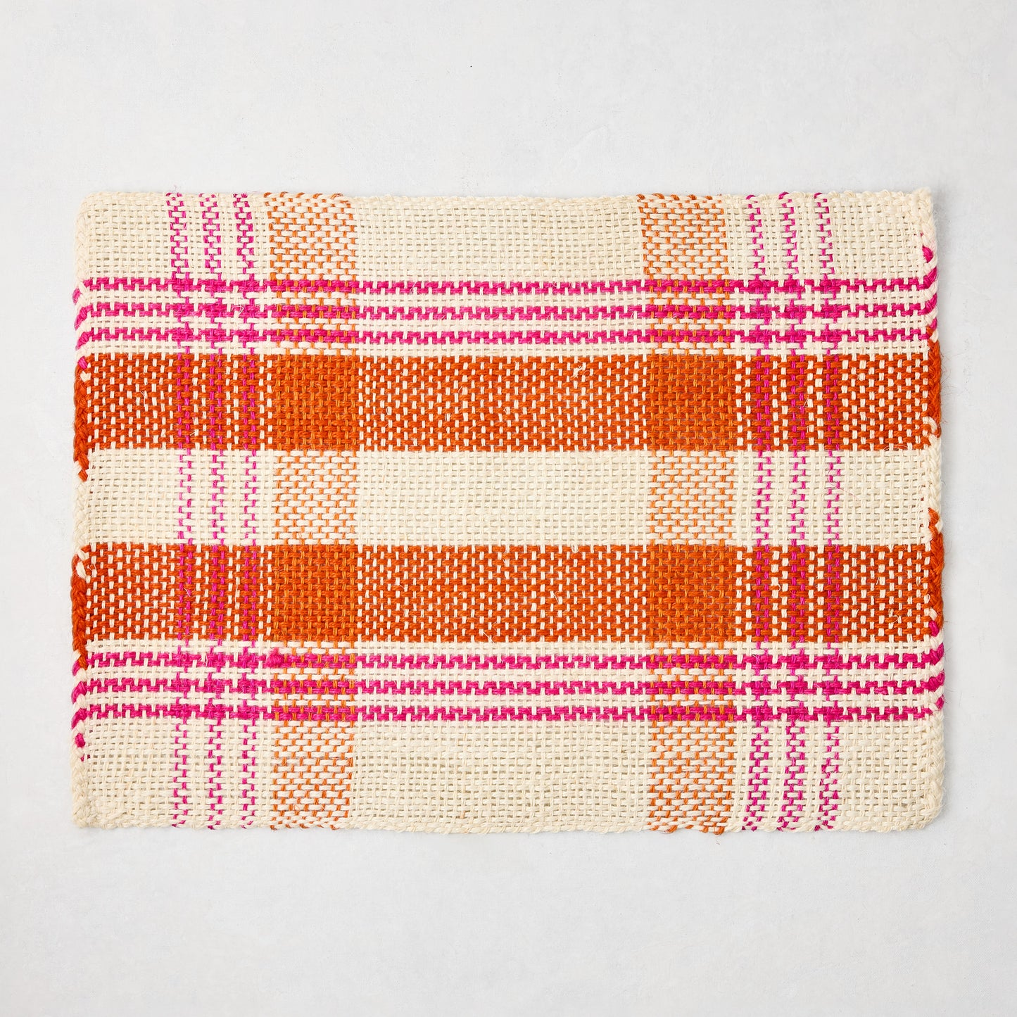 Pink and orange woven plaid rectangular placemat, 19"x14" abaca and jute.