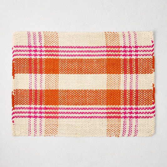 Pink and orange woven plaid rectangular placemat, 19"x14" abaca and jute.