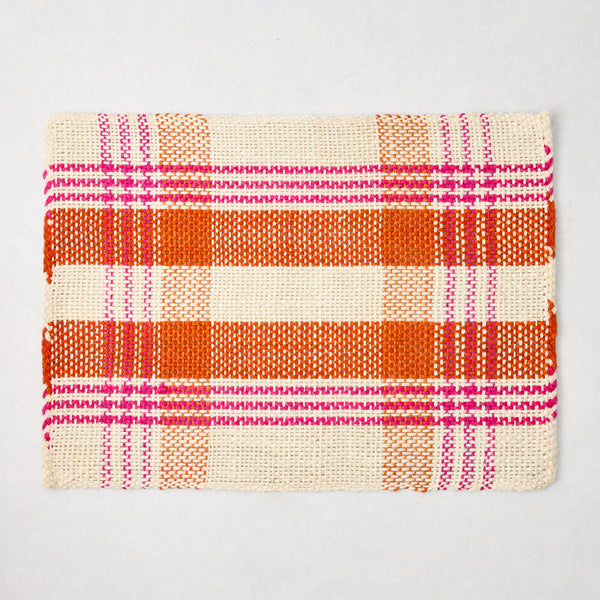 Pink and orange woven plaid rectangular placemat, 19"x14" abaca and jute.
