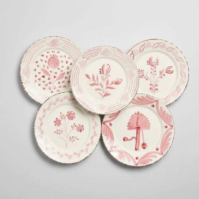 Pink Casa Nuno ceramic dinner plates, set of 5 assorted hand-painted floral designs, 10.25"Dia.