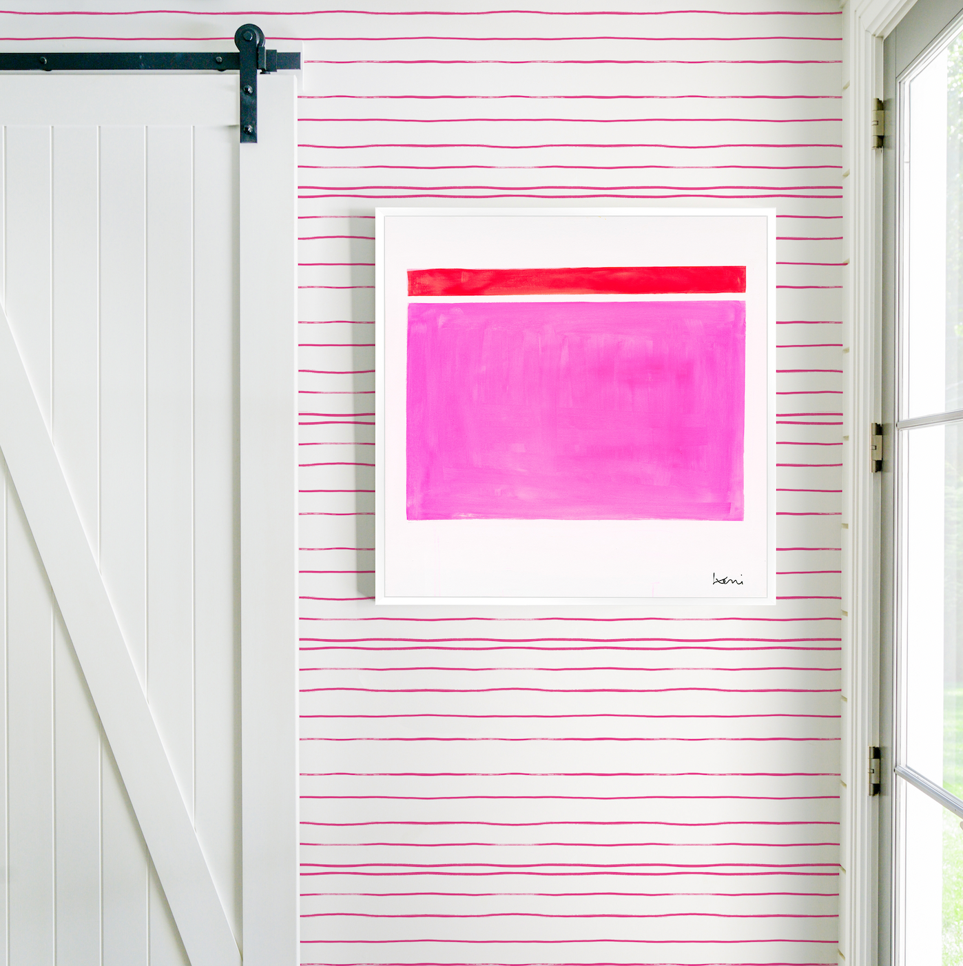 Pink Dreams Art Print by Kerri Rosenthal, a framed abstract with vivid pink and red blocks on a striped wall.