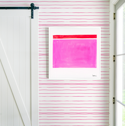 Pink Dreams Art Print by Kerri Rosenthal, a framed abstract with vivid pink and red blocks on a striped wall.