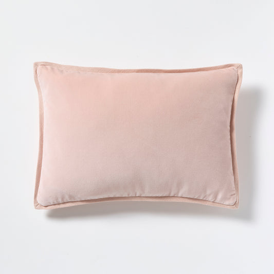 Pink linen and velvet reversible lumbar pillow, 20"L x 14"H, with hidden zipper and down insert.