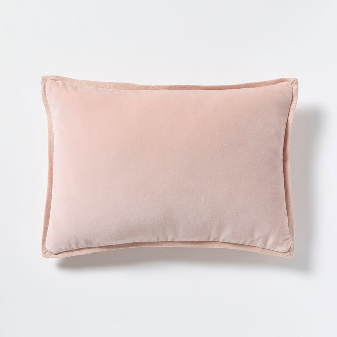 Pink linen and velvet reversible lumbar pillow, 20"L x 14"H, with hidden zipper and down insert.