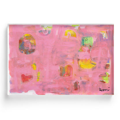 Kerri Rosenthal Pinkaholic art print: vibrant pink abstract painting with yellow, green, and red accents, signed.
