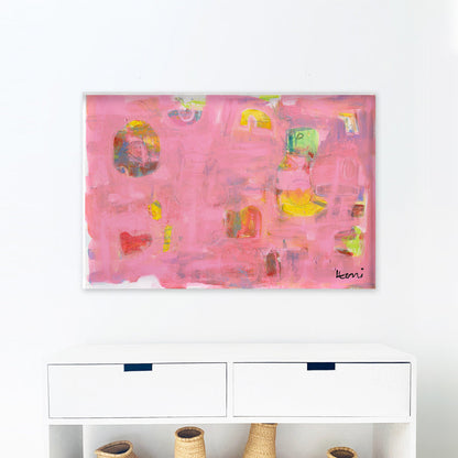 Kerri Rosenthal Pinkaholic abstract art print with vibrant pinks, yellows, and heart shapes in a white frame.