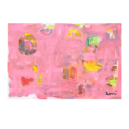 Kerri Rosenthal Pinkaholic abstract art print with vibrant pinks, yellows, and heart shapes.